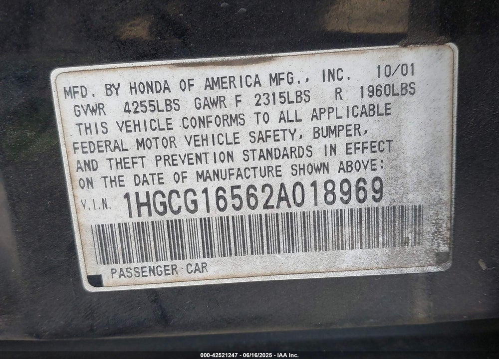 2002 HONDA ACCORD 3.0 EX VIN: 1HGCG16562A018969