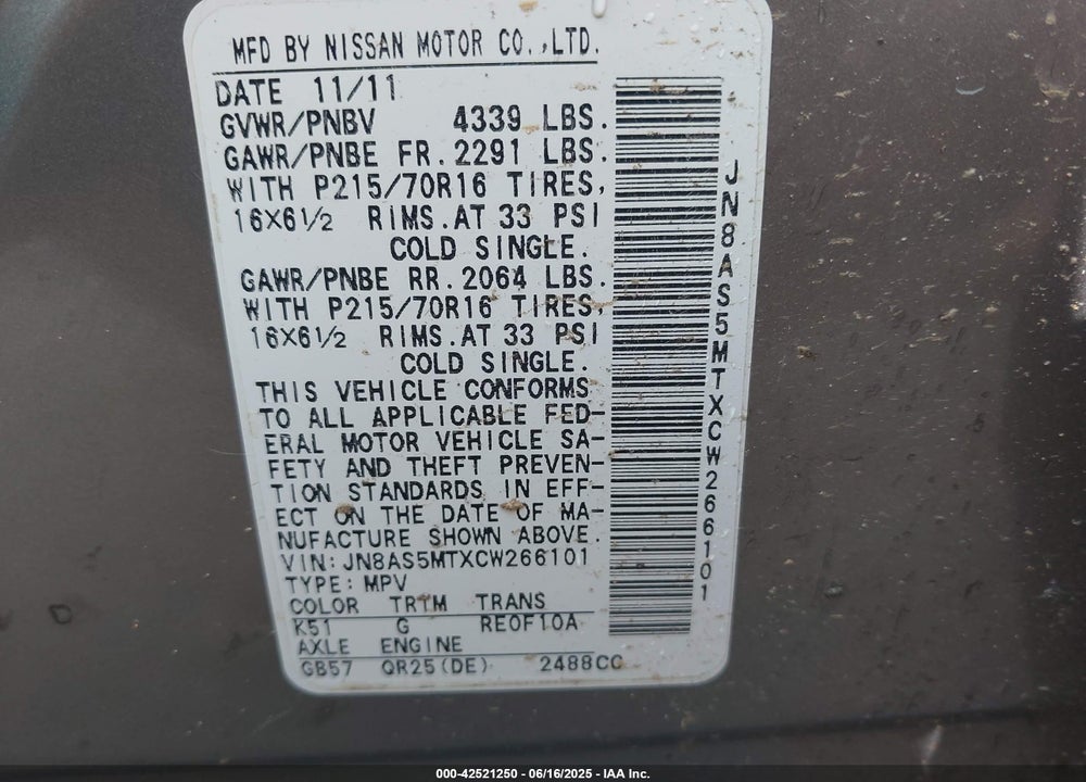 2012 NISSAN ROGUE S VIN: JN8AS5MTXCW266101