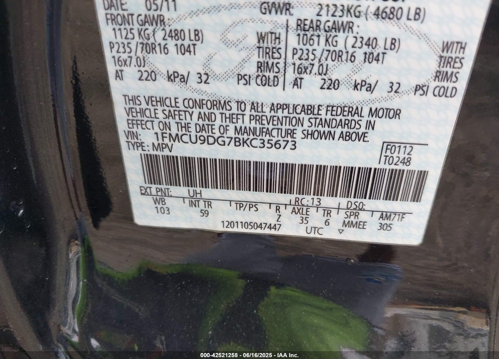 2011 FORD ESCAPE VIN: 1FMCU9DG7BKC35673