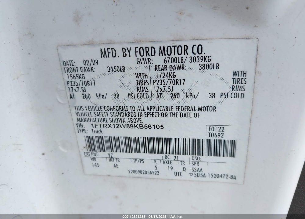 2009 FORD F-150 VIN: 1FTRX12W89KB56105