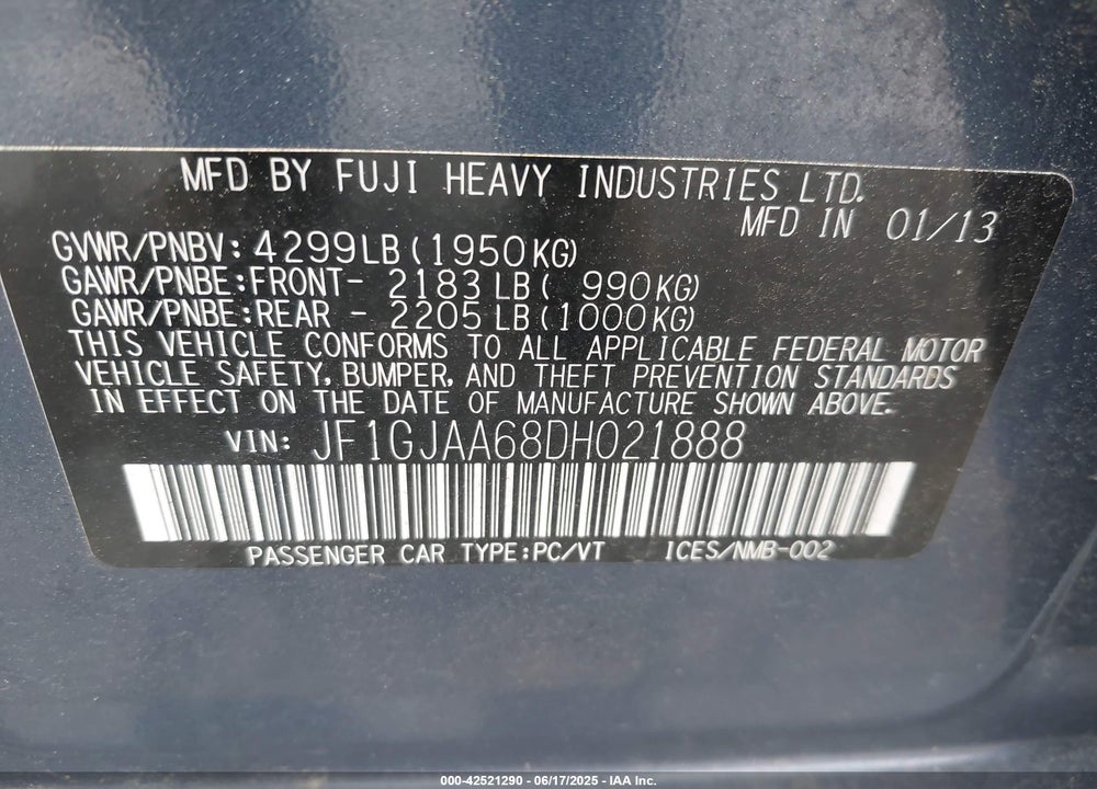 2013 SUBARU IMPREZA 2.0I VIN: JF1GJAA68DH021888