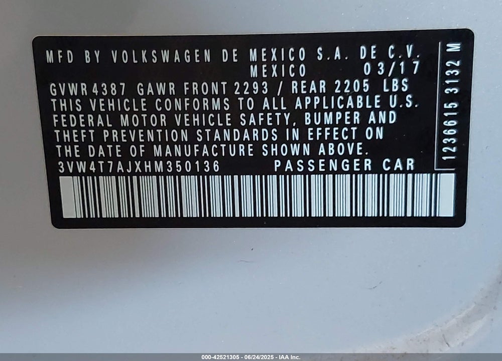 2017 VOLKSWAGEN JETTA VIN: 3VW4T7AJXHM350136