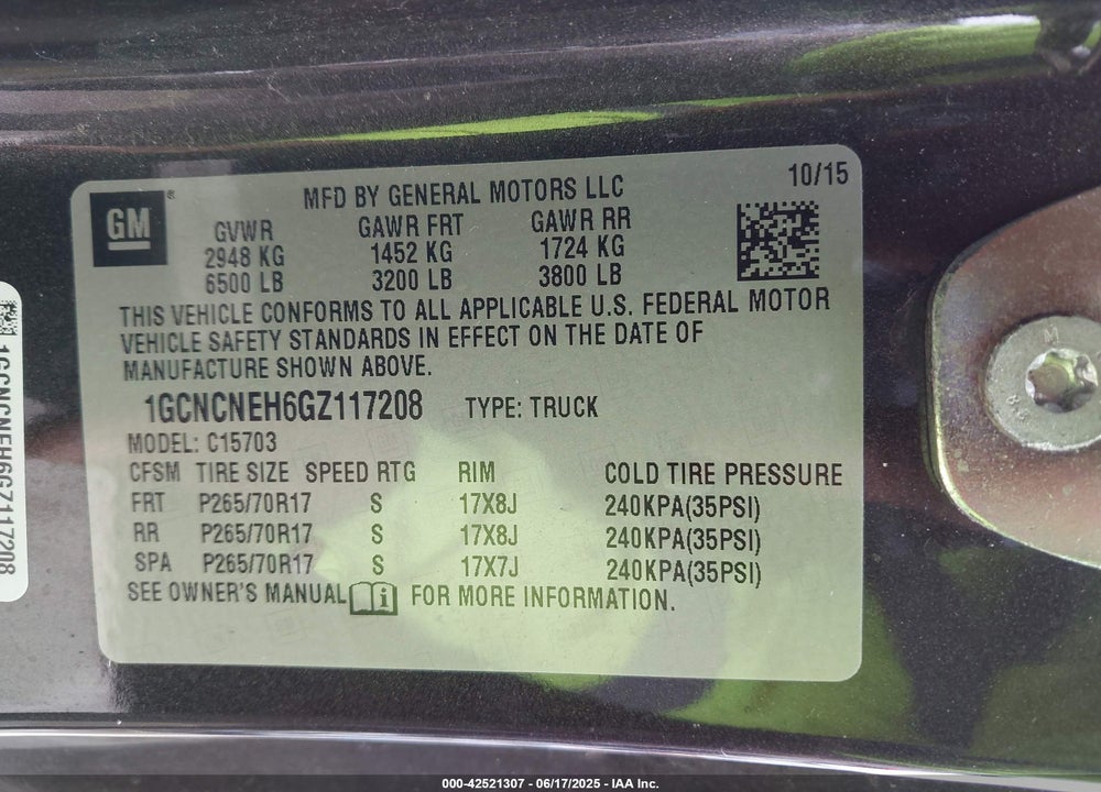 2016 CHEVROLET SILVERADO 1500 VIN: 1GCNCNEH6GZ117208