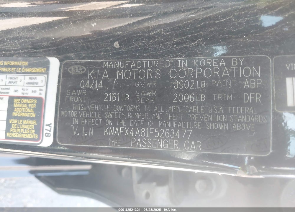 2015 KIA FORTE VIN: KNAFX4A81F5263477