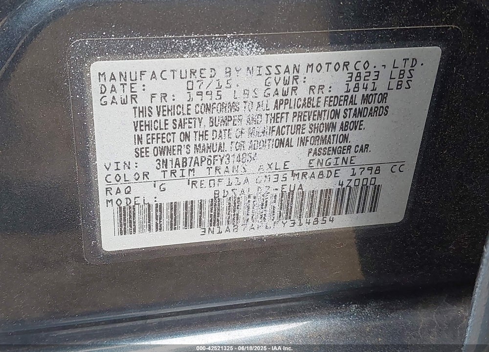 2015 NISSAN SENTRA VIN: 3N1AB7AP6FY314854