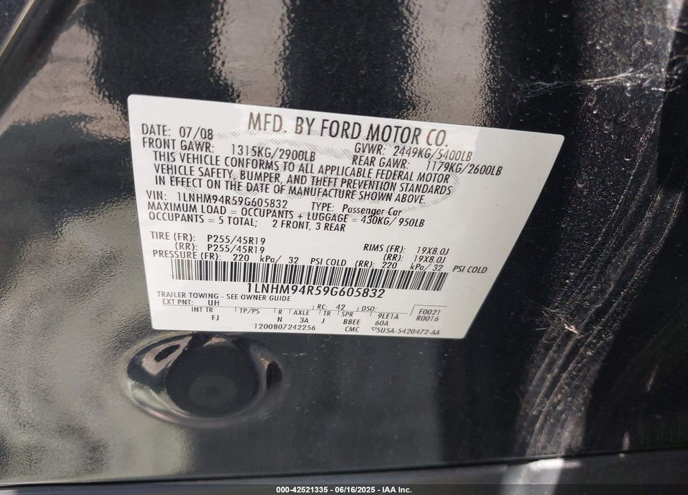 2009 LINCOLN MKS VIN: 1LNHM94R59G605832