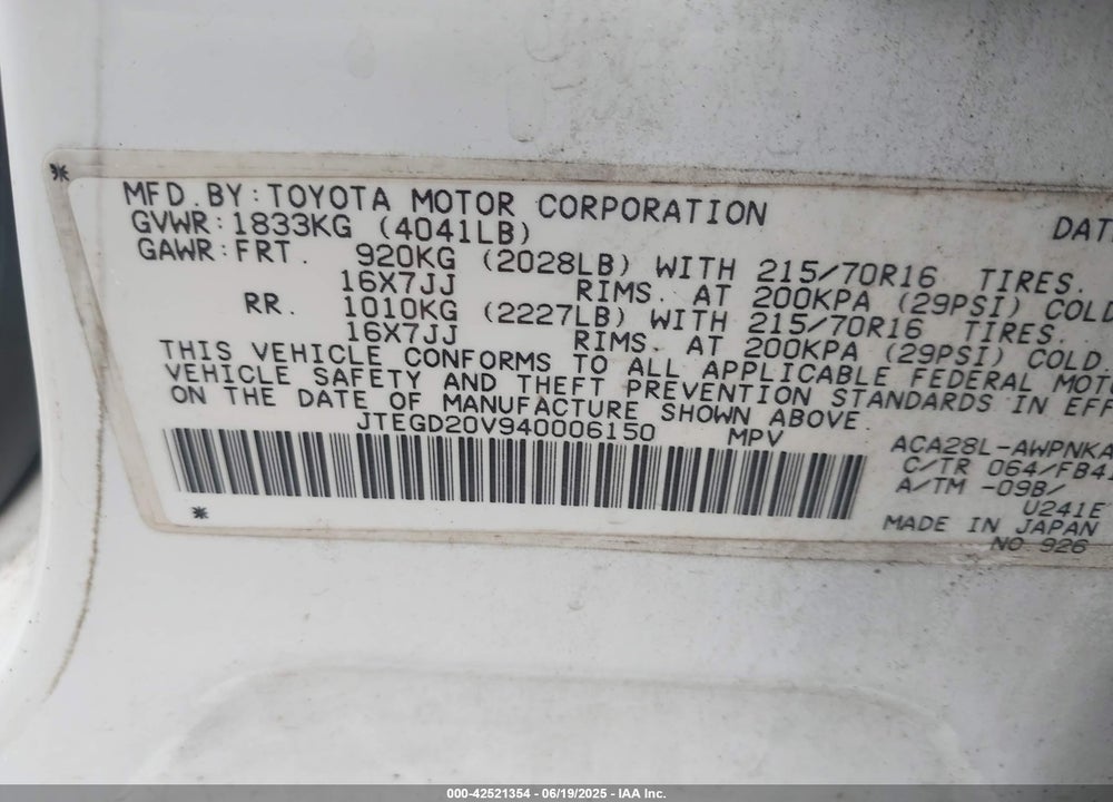 2004 TOYOTA RAV4 VIN: JTEGD20V940006150