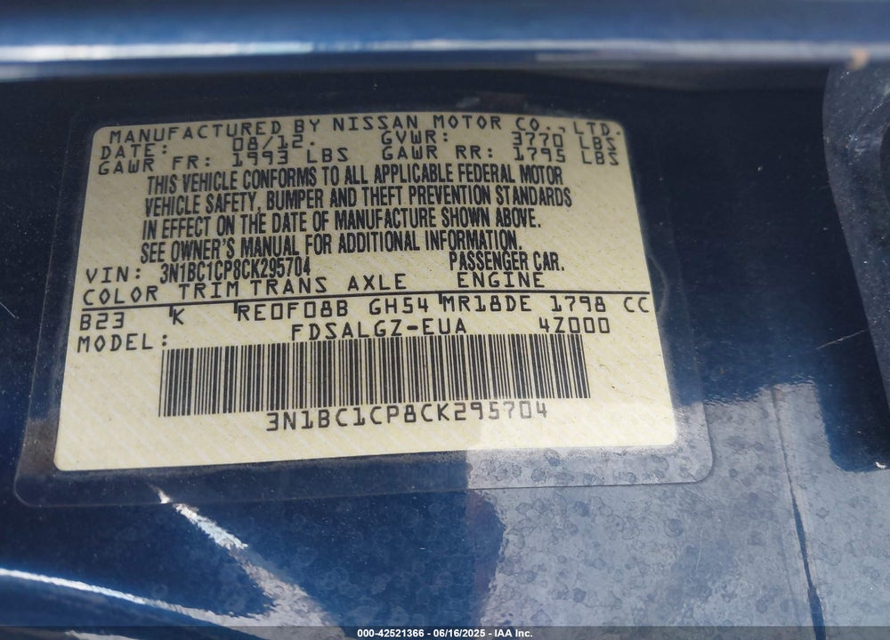2012 NISSAN VERSA VIN: 3N1BC1CP8CK295704
