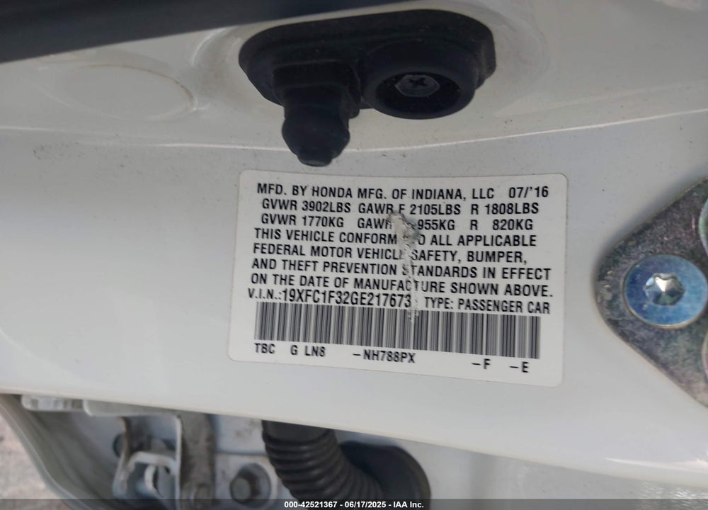 2016 HONDA CIVIC VIN: 19XFC1F32GE217673