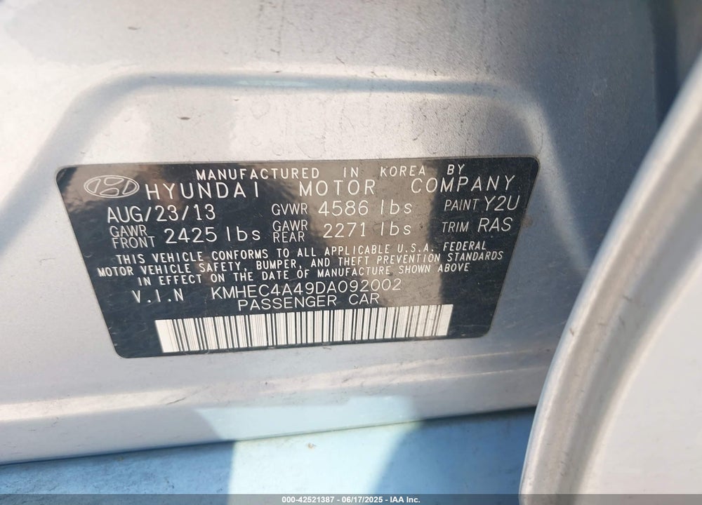 2013 HYUNDAI SONATA HYBRID LIMITED VIN: KMHEC4A49DA092002