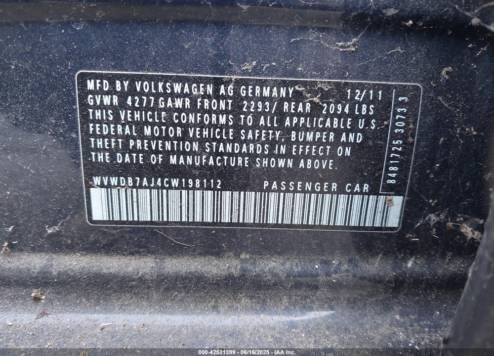 2012 VOLKSWAGEN GOLF VIN: WVWDB7AJ4CW198112