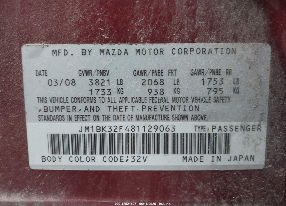 2008 MAZDA 3 VIN: JM1BK32F481129063