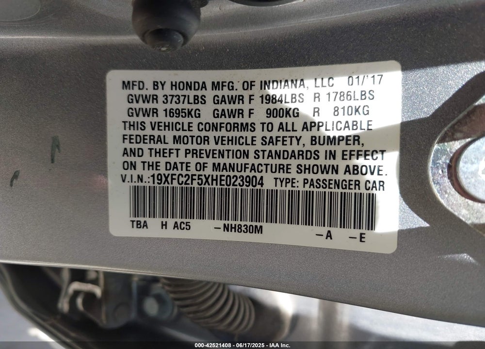 2017 HONDA CIVIC VIN: 19XFC2F5XHE023904