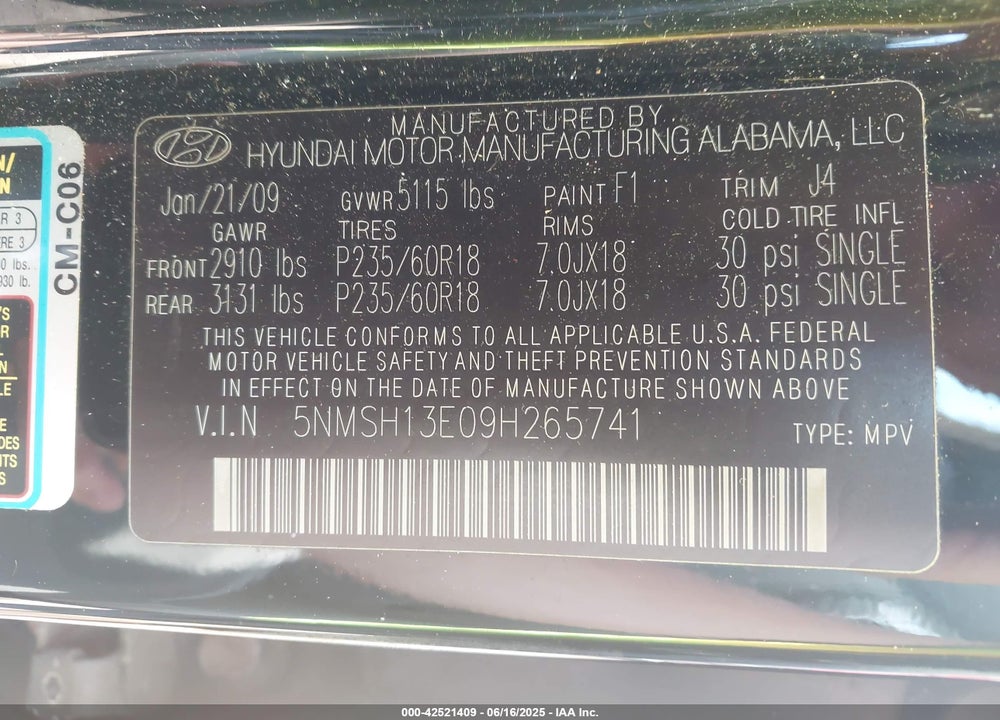 2009 HYUNDAI SANTA FE SE VIN: 5NMSH13E09H265741