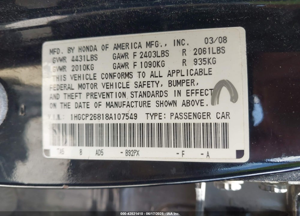 2008 HONDA ACCORD VIN: 1HGCP26818A107549