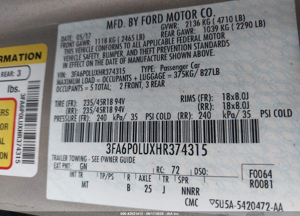2017 FORD FUSION HYBRID VIN: 3FA6P0LUXHR374315