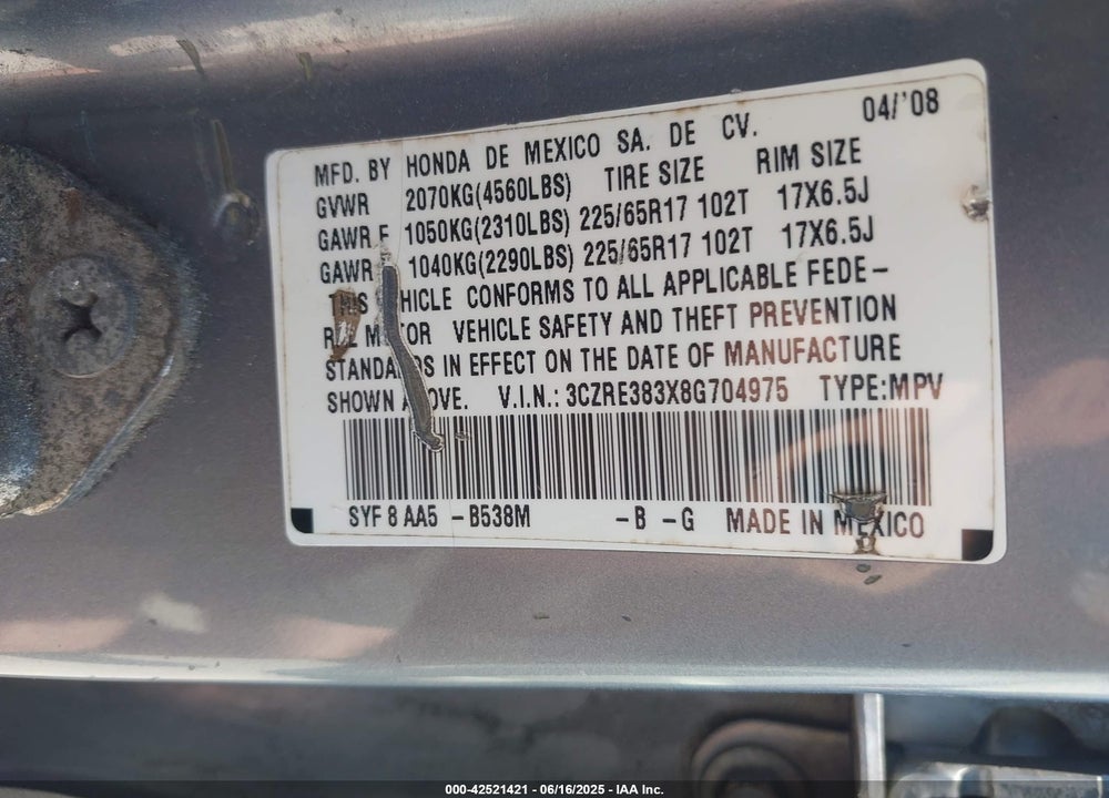 2008 HONDA CR-V VIN: 3CZRE383X8G704975