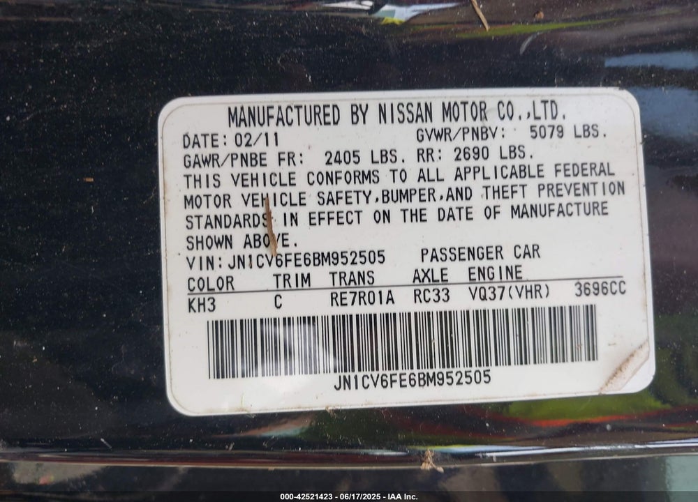 2011 INFINITI G37 VIN: JN1CV6FE6BM952505