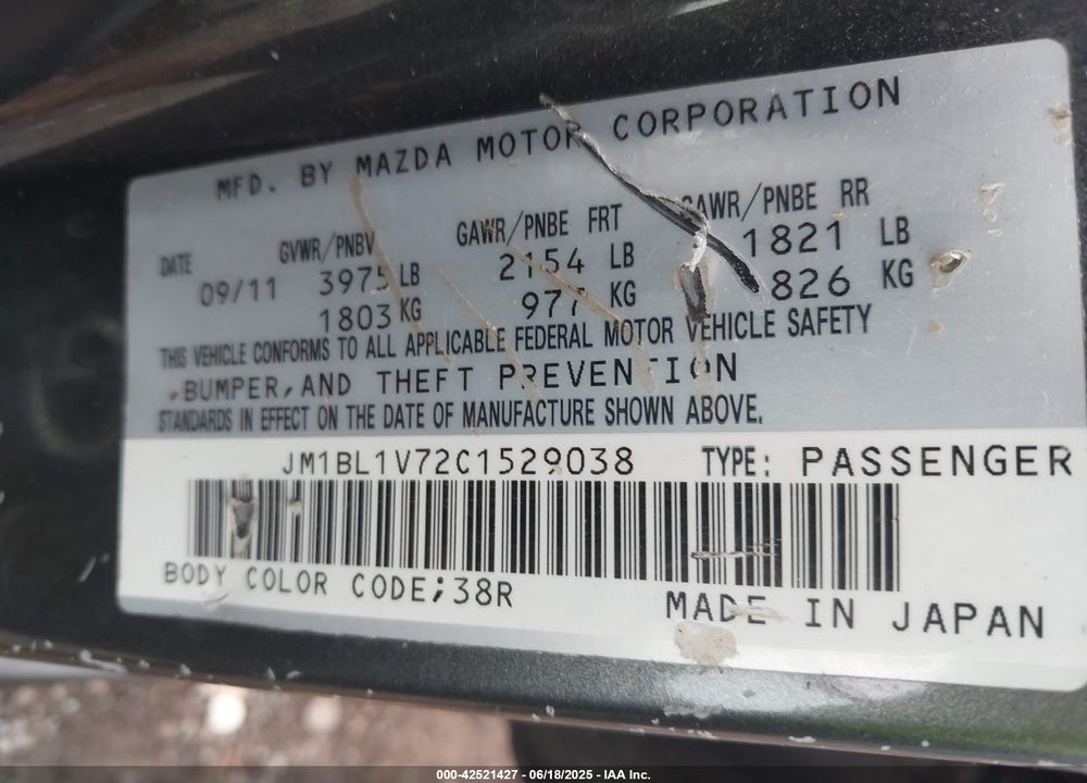 2012 MAZDA 3 VIN: JM1BL1V72C1529038