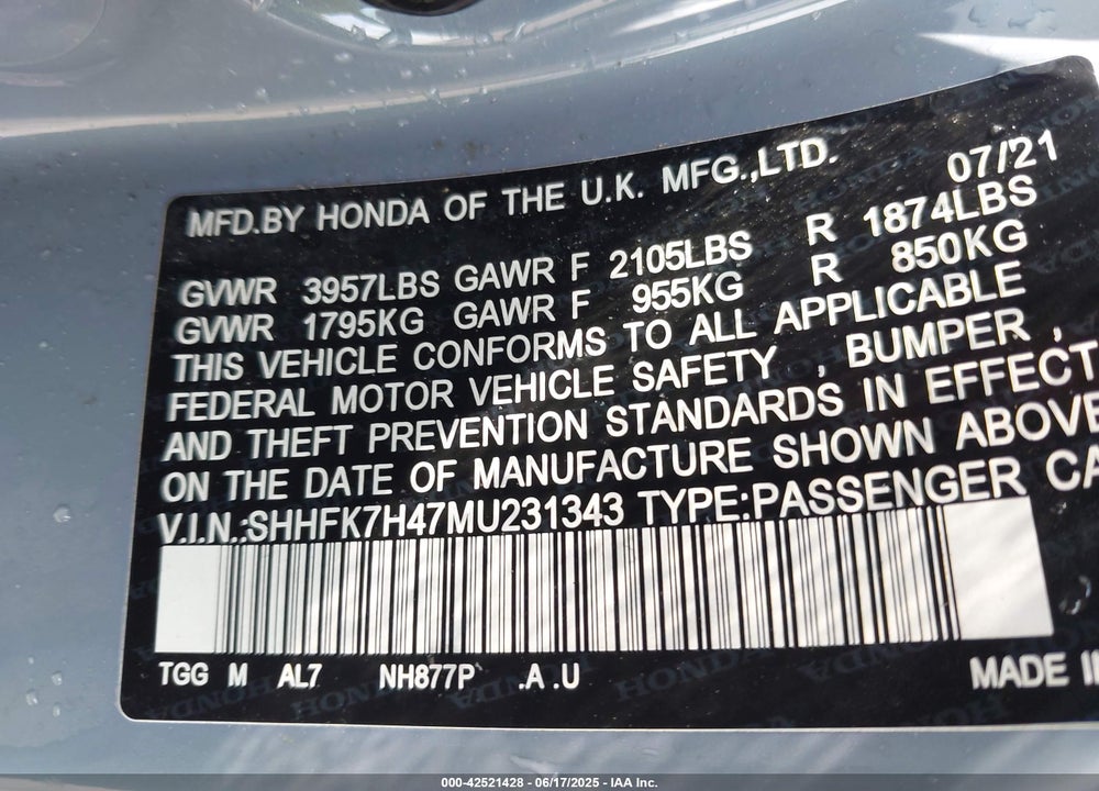 2021 HONDA CIVIC VIN: SHHFK7H47MU231343