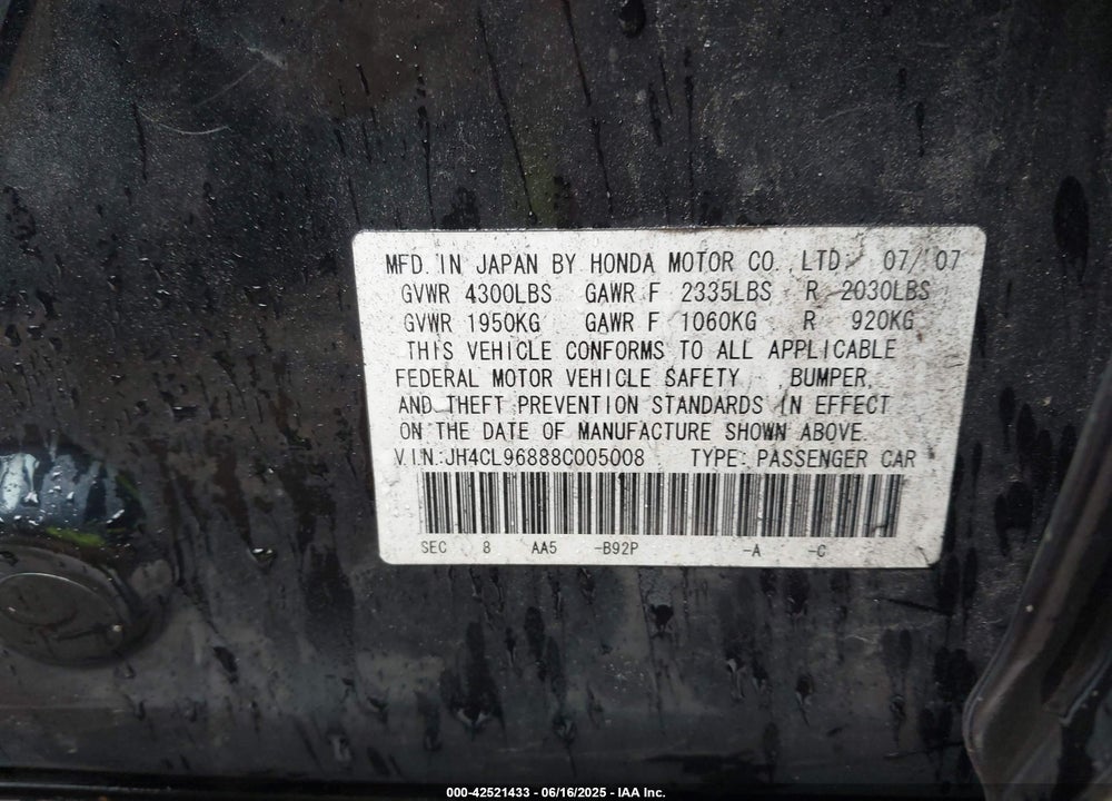 2008 ACURA TSX VIN: JH4CL96888C005008