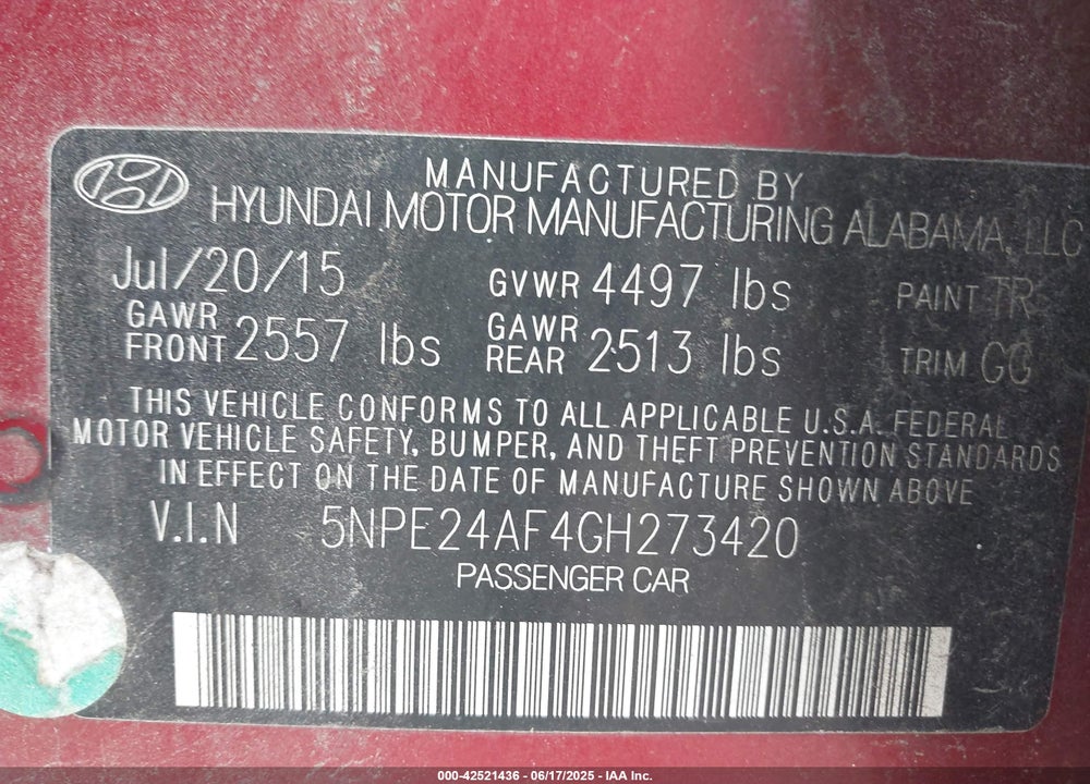 2016 HYUNDAI SONATA SE VIN: 5NPE24AF4GH273420