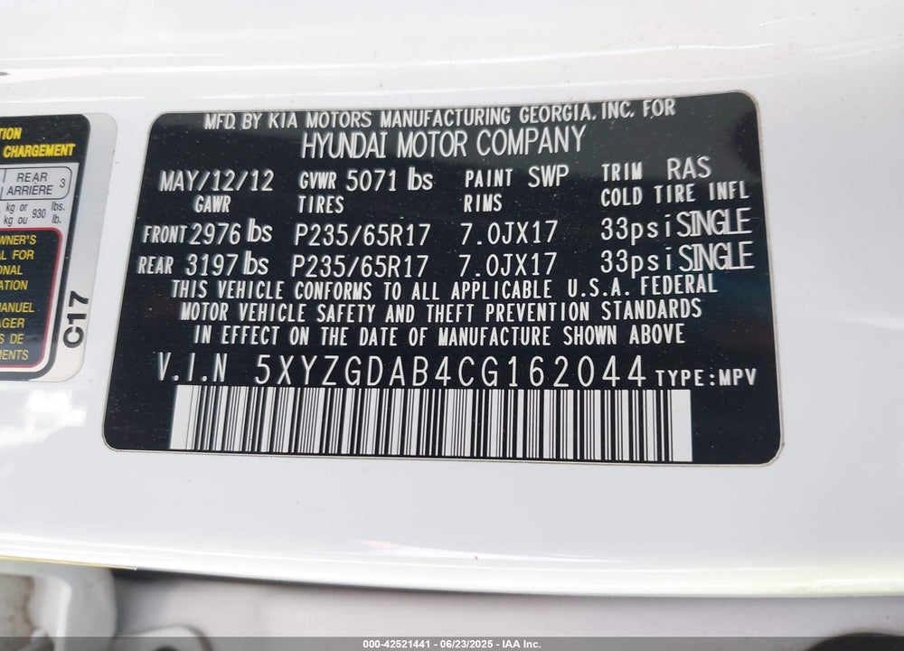 2012 HYUNDAI SANTA FE GLS VIN: 5XYZGDAB4CG162044