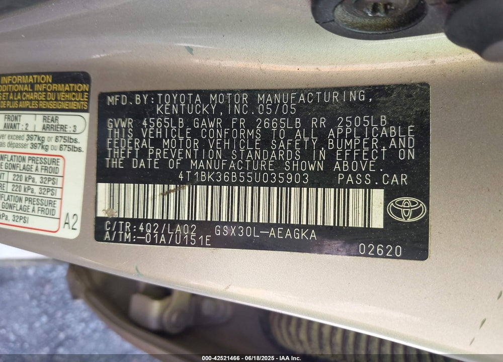 2005 TOYOTA AVALON XLS VIN: 4T1BK36B55U035903