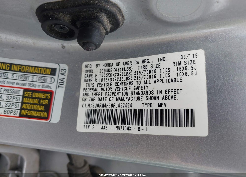 2015 HONDA CR-V LX VIN: 5J6RM4H38FL057050