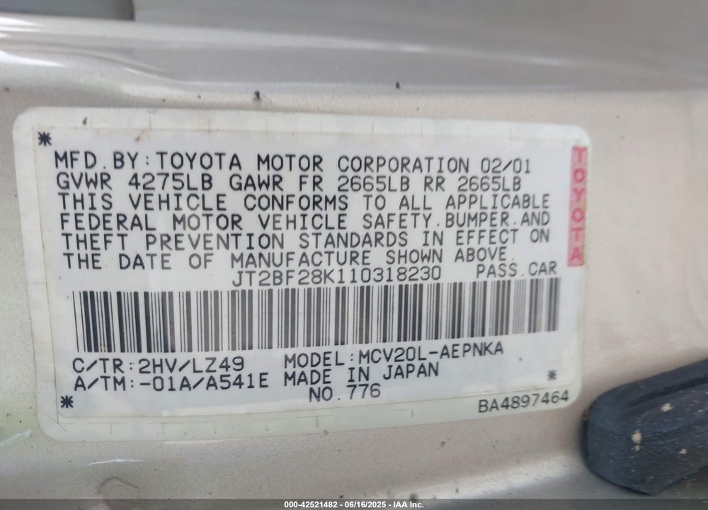 2001 TOYOTA CAMRY LE V6 VIN: JT2BF28K110318230