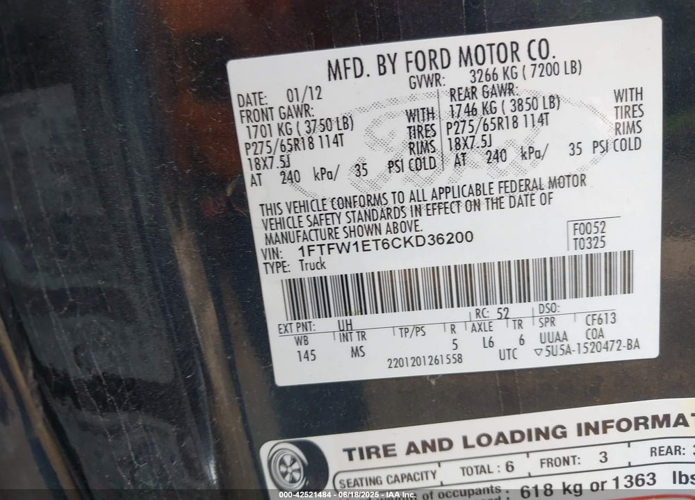 2012 FORD F-150 XLT VIN: 1FTFW1ET6CKD36200