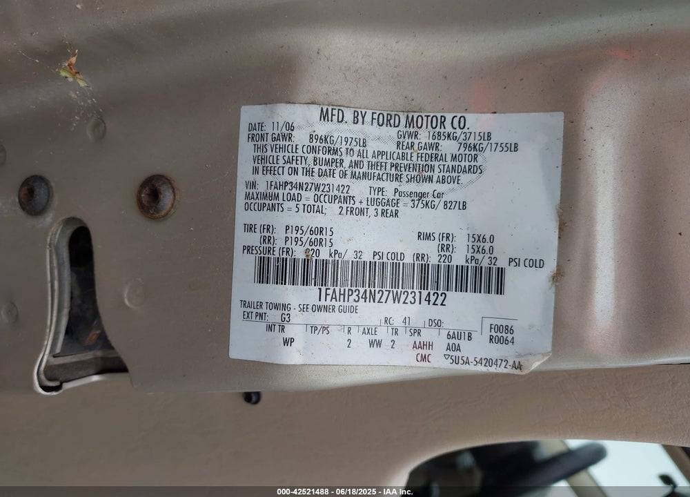 2007 FORD FOCUS S/SE/SES VIN: 1FAHP34N27W231422