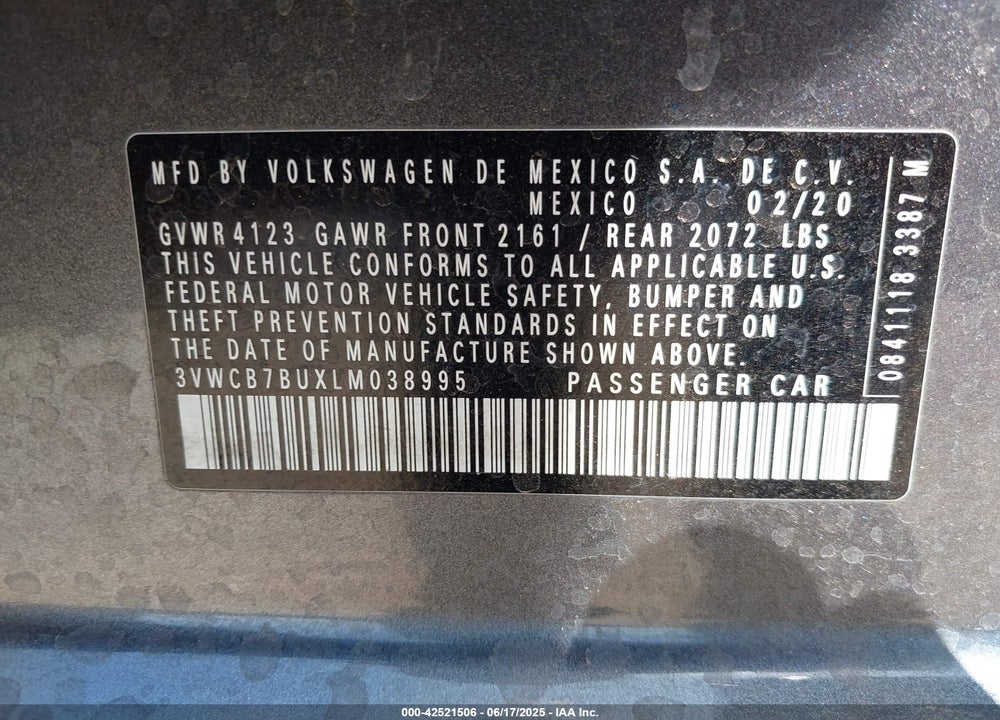 2020 VOLKSWAGEN JETTA VIN: 3VWCB7BUXLM038995