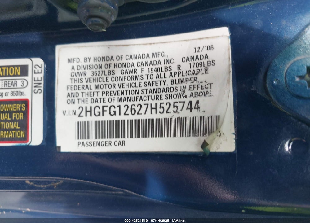 2007 HONDA CIVIC VIN: 2HGFG12627H525744