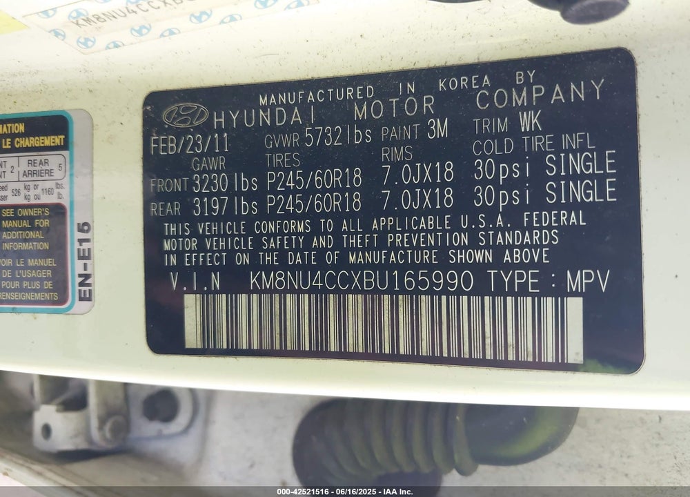 2011 HYUNDAI VERACRUZ LIMITED VIN: KM8NU4CCXBU165990