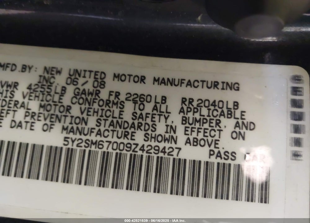 2009 PONTIAC VIBE VIN: 5Y2SM67009Z429427
