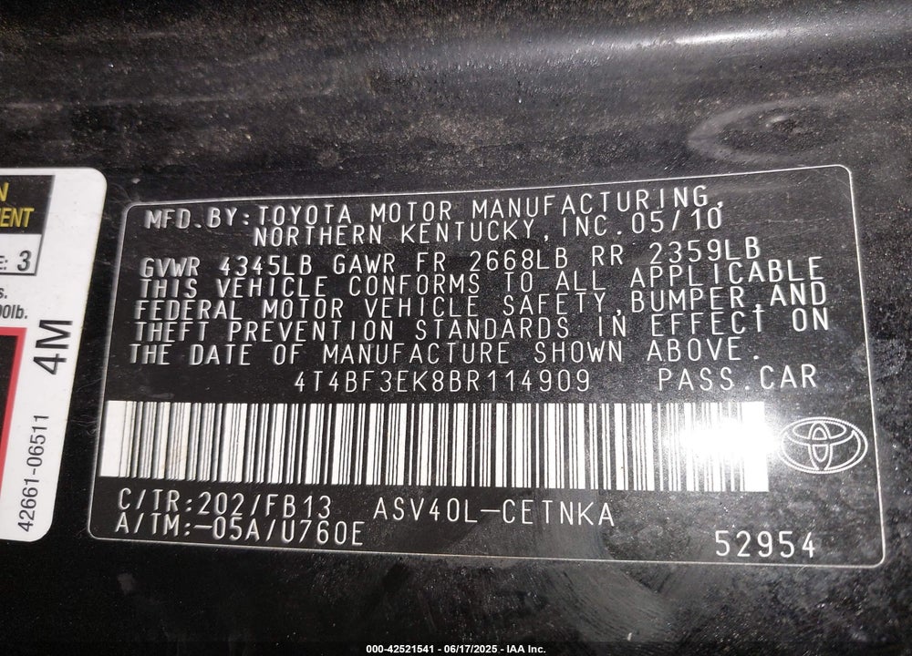 2011 TOYOTA CAMRY LE VIN: 4T4BF3EK8BR114909