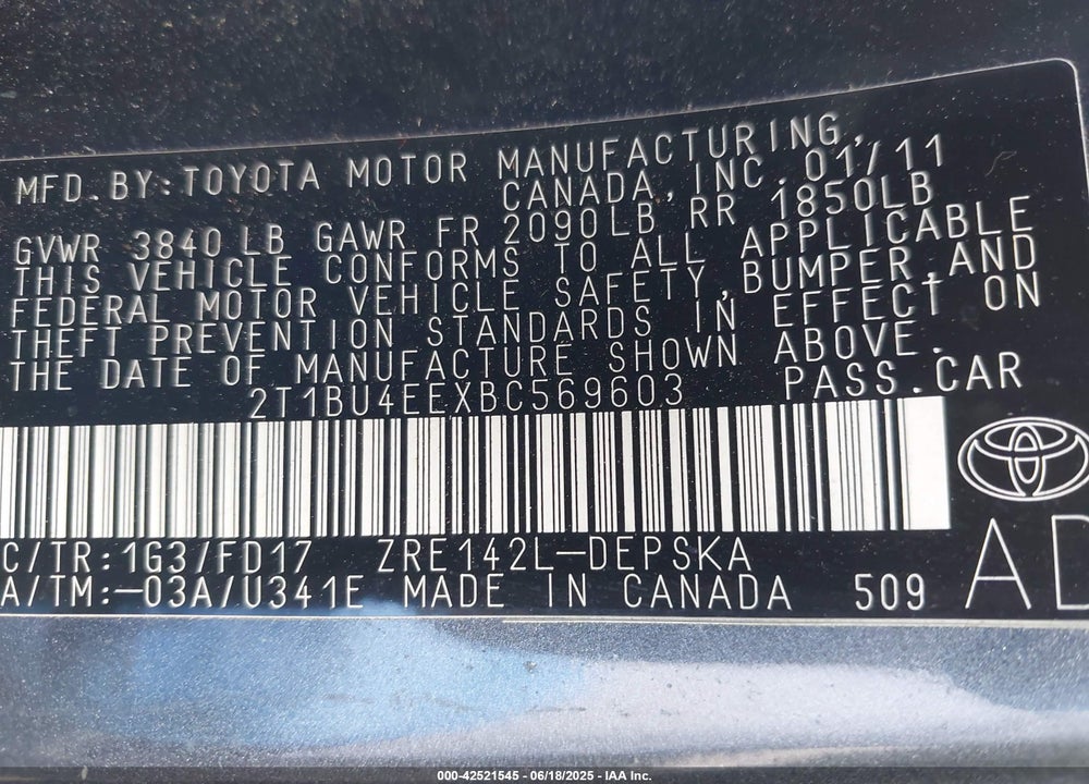2011 TOYOTA COROLLA VIN: 2T1BU4EEXBC569603