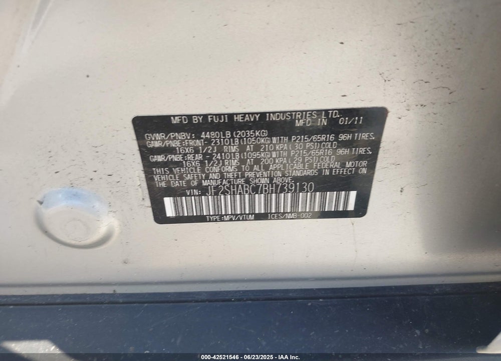 2011 SUBARU FORESTER VIN: JF2SHABC7BH739130