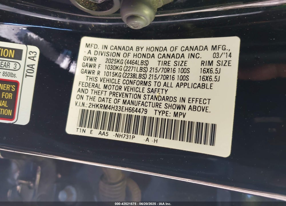 2014 HONDA CR-V VIN: 2HKRM4H33EH664479