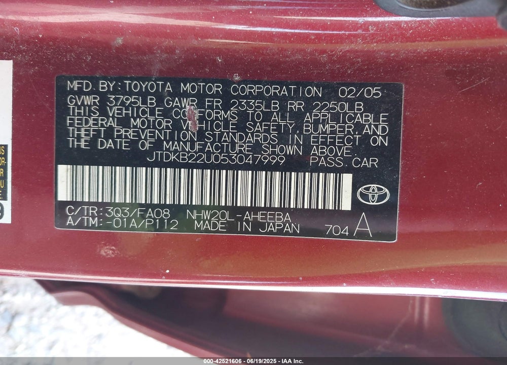 2005 TOYOTA PRIUS VIN: JTDKB22U053047999