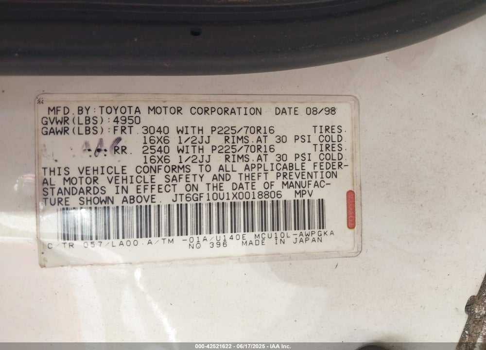 1999 LEXUS RX 300 VIN: JT6GF10U1X0018806