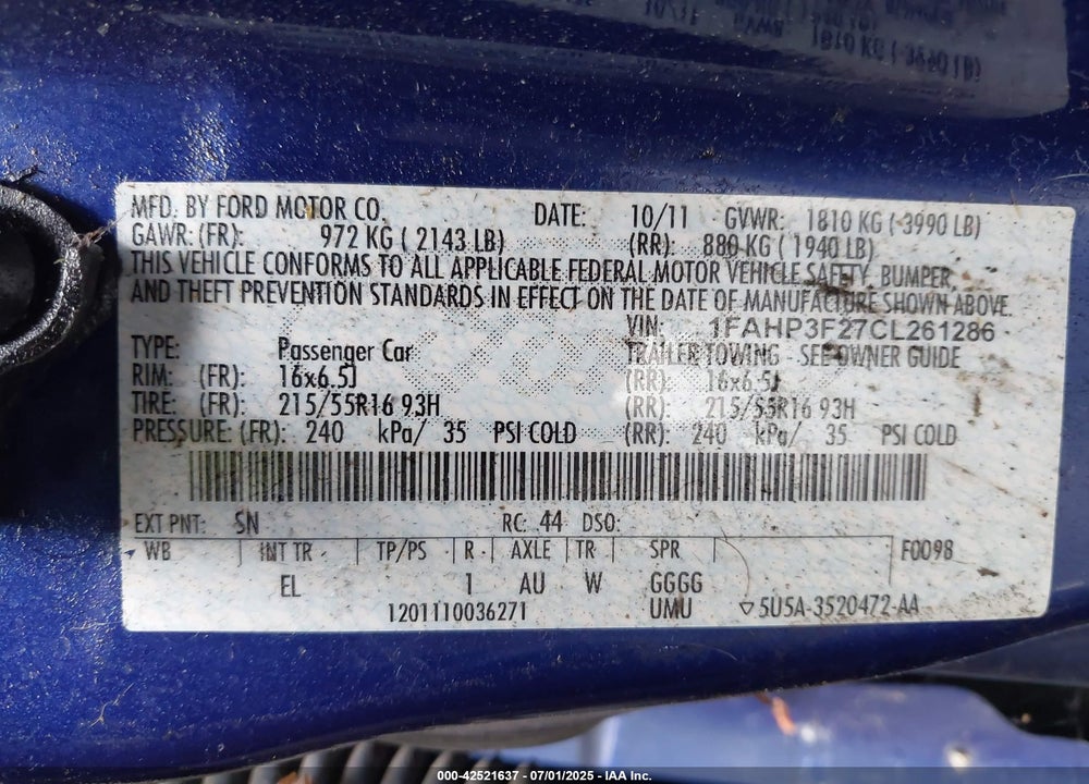 2012 FORD FOCUS SE VIN: 1FAHP3F27CL261286