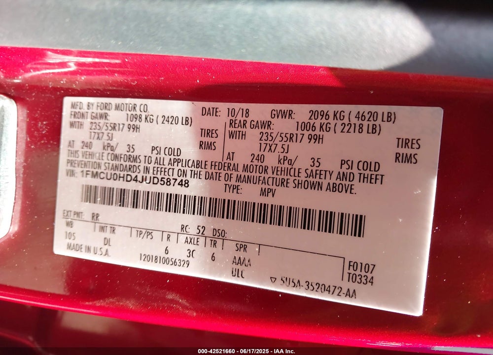 2018 FORD ESCAPE VIN: 1FMCU0HD4JUD58748