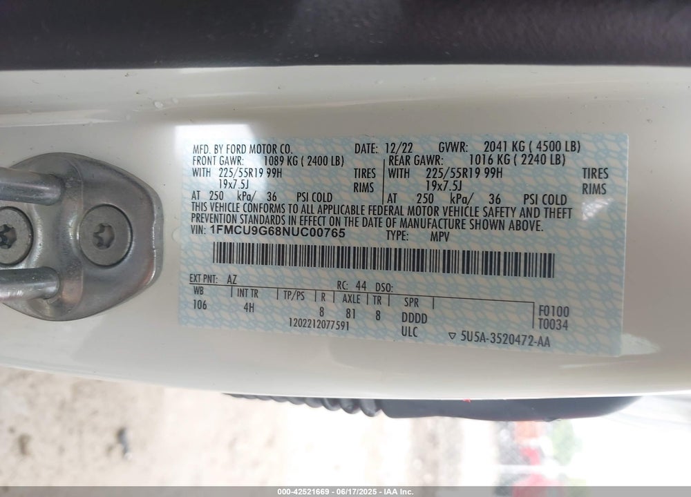 2022 FORD ESCAPE VIN: 1FMCU9G68NUC00765