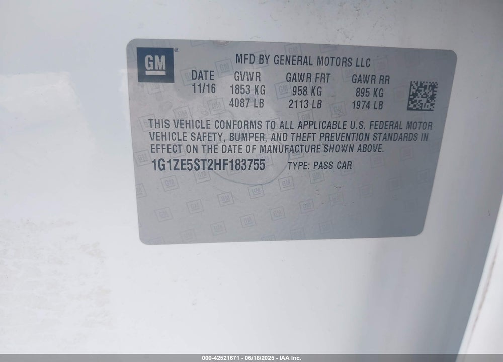 2017 CHEVROLET MALIBU VIN: 1G1ZE5ST2HF183755
