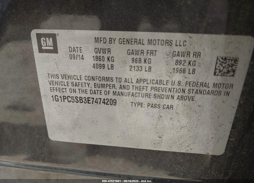 2014 CHEVROLET CRUZE VIN: 1G1PC5SB3E7474209