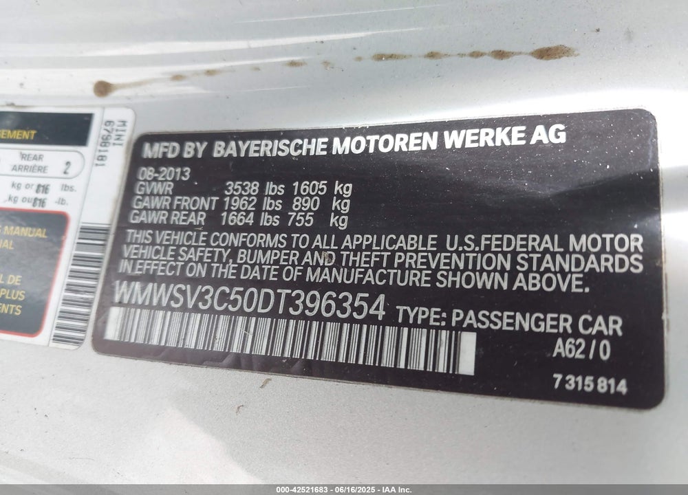 2013 MINI HARDTOP COOPER S VIN: WMWSV3C50DT396354