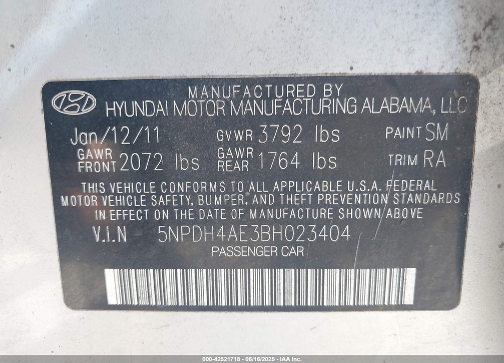 2011 HYUNDAI ELANTRA VIN: 5NPDH4AE3BH023404