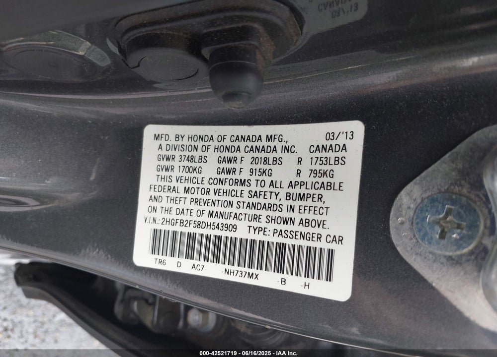 2013 HONDA CIVIC LX VIN: 2HGFB2F58DH543909